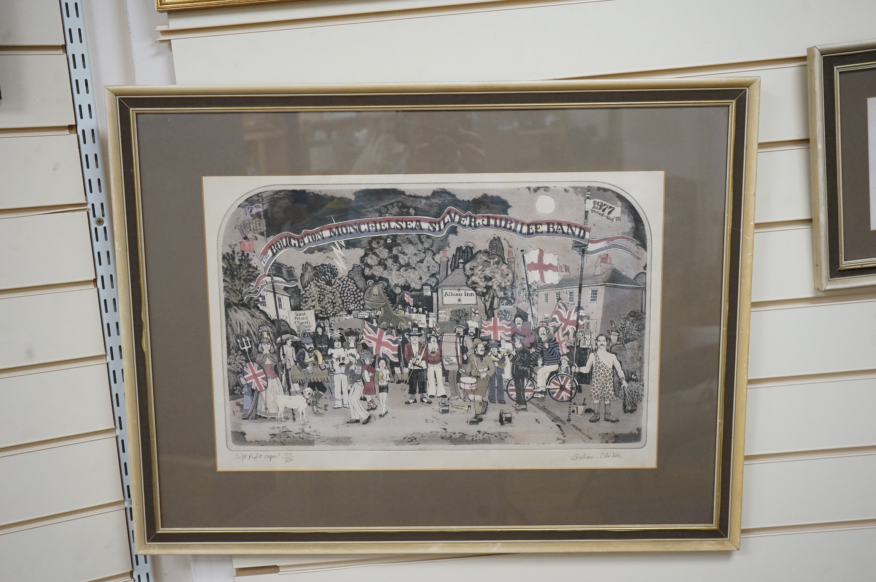 Graham Clarke (b.1941), 'Left right oops!' and 'December', two etchings with aquatint, each signed in pencil and limited edition, largest 38 x 57cm
